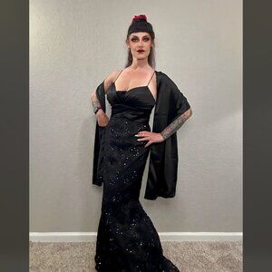 90s Black Beaded Formal Bodycon Mermaid Barbie Dress 2 pcs Shawl Wedding Retro 8